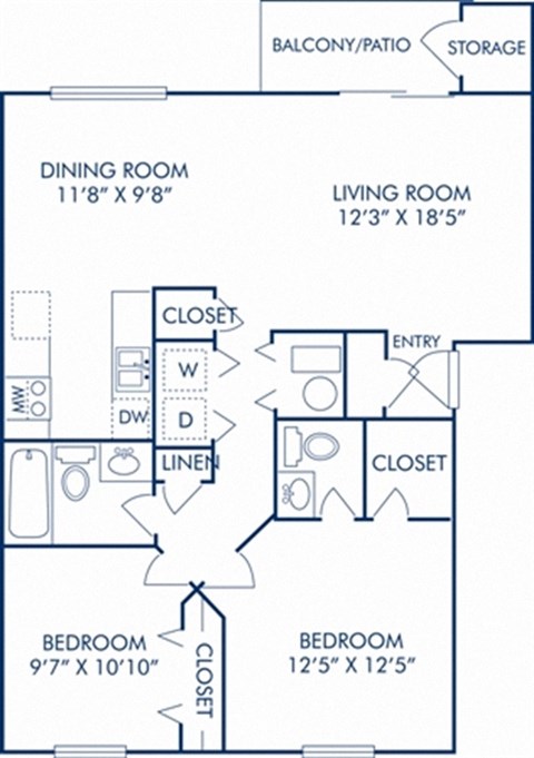 Floor plan for 2 beds, 1.5 baths, 931 sqft